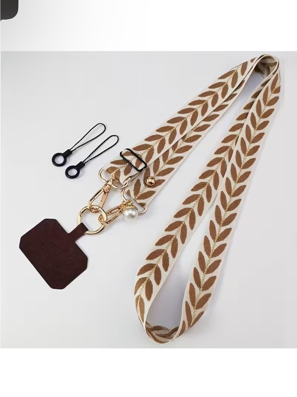 Woven Crossbody Phone Strap Neutral Gold Hardware Adjustable Lanyard